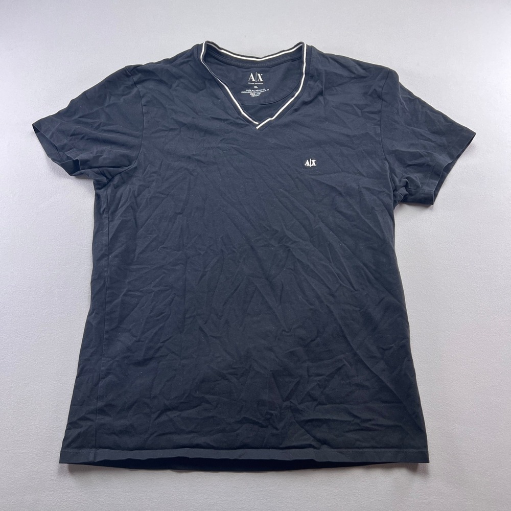 Armani Exchange T Shirt Men XL Black Embroidered Logo Cotton Short Sleeve V Neck